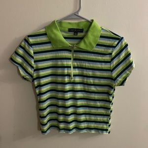 Green, dark blue, light green, and light blue stripped collar shirt, zip up